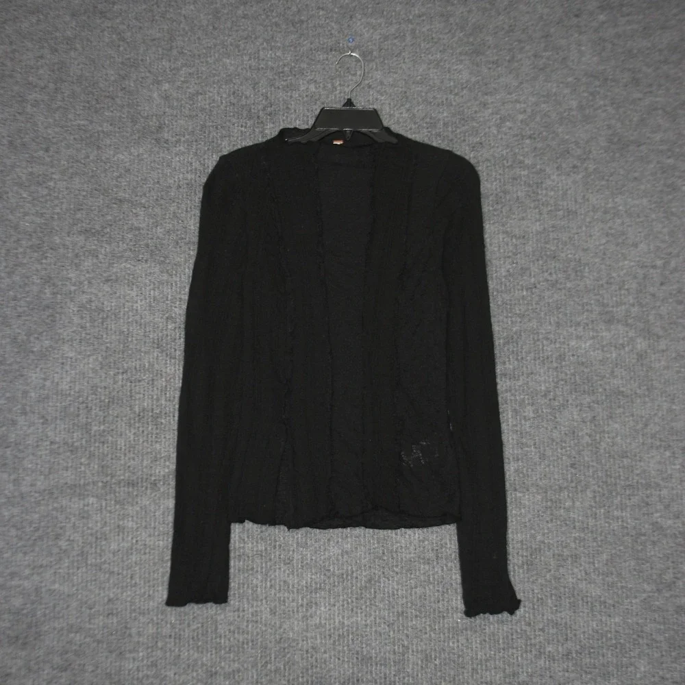 Free People Top Womens L‎ Black Ribbed Raw Hem Open Front Lightweight Top
